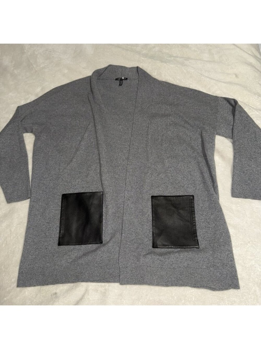 Eileen Fisher M Gray Cashmere Wool Blend Cardigan Leather Pockets Open Front